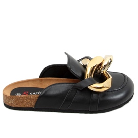 Schwarz T397 Schwarze Hausschuhe mit dicker Kette