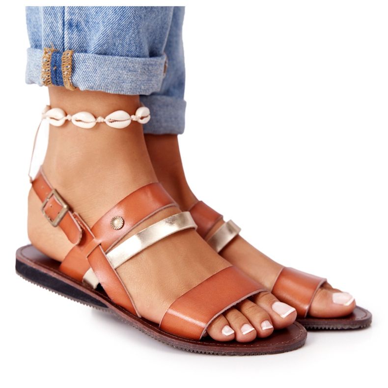 PE1 Flache Damensandalen, braun und gold Doris golden