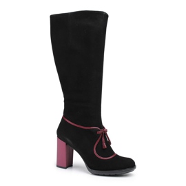 Marco Shoes Schwarze Wildlederstiefel mit lila Absatz und lila Einsätzen