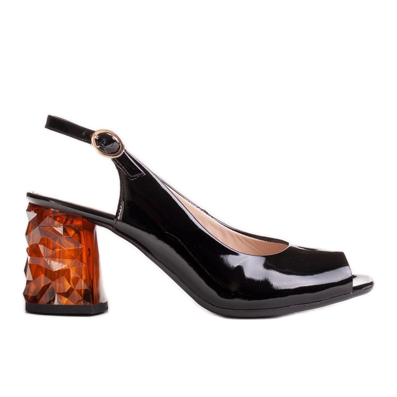 Marco Shoes Schwarz lackierte Sandalen mit bernsteinfarbenem 3D-Absatz