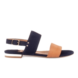 Marco Shoes Flache Sandalen aus natürlichem Wildleder mit Metallic-Absatz beige marineblau