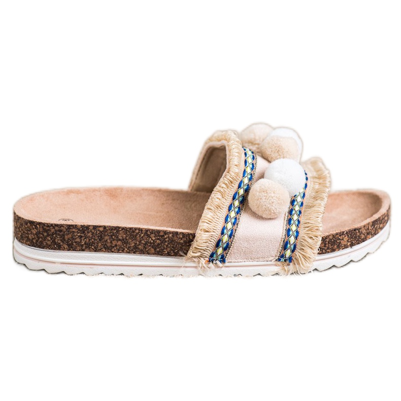 SHELOVET Modische Hausschuhe mit Pompons beige