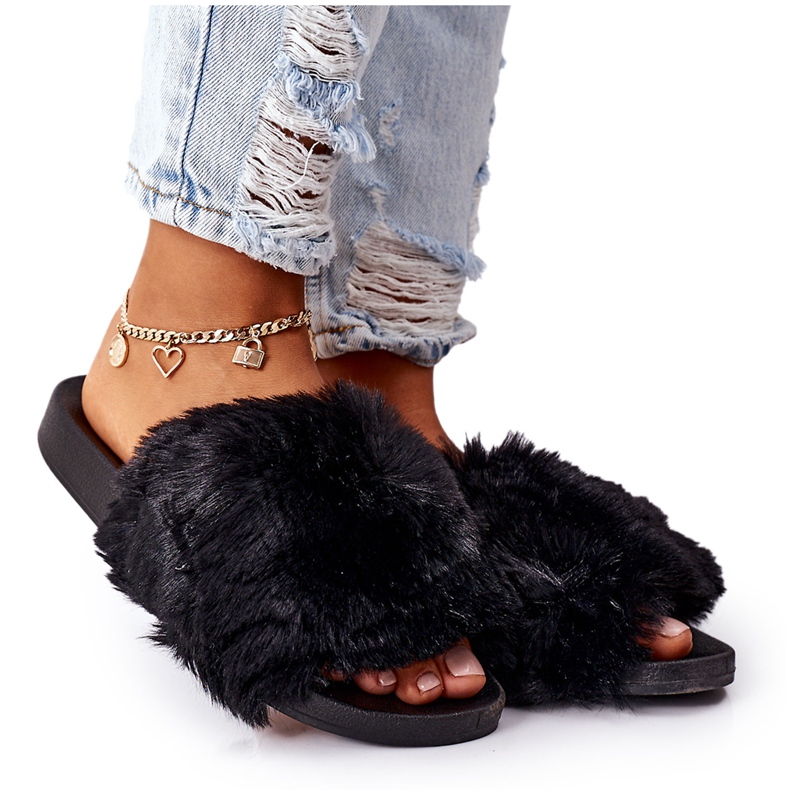 FJ1 Schwarze Hausschuhe aus weichem Gummi mit Fell