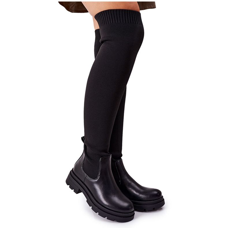 Stiefel aus elastischem Stoff Black Ice Coffee über dem Knie schwarz