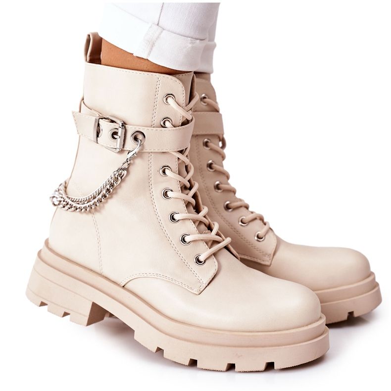 Beige Worker Boots mit Kette Midtown