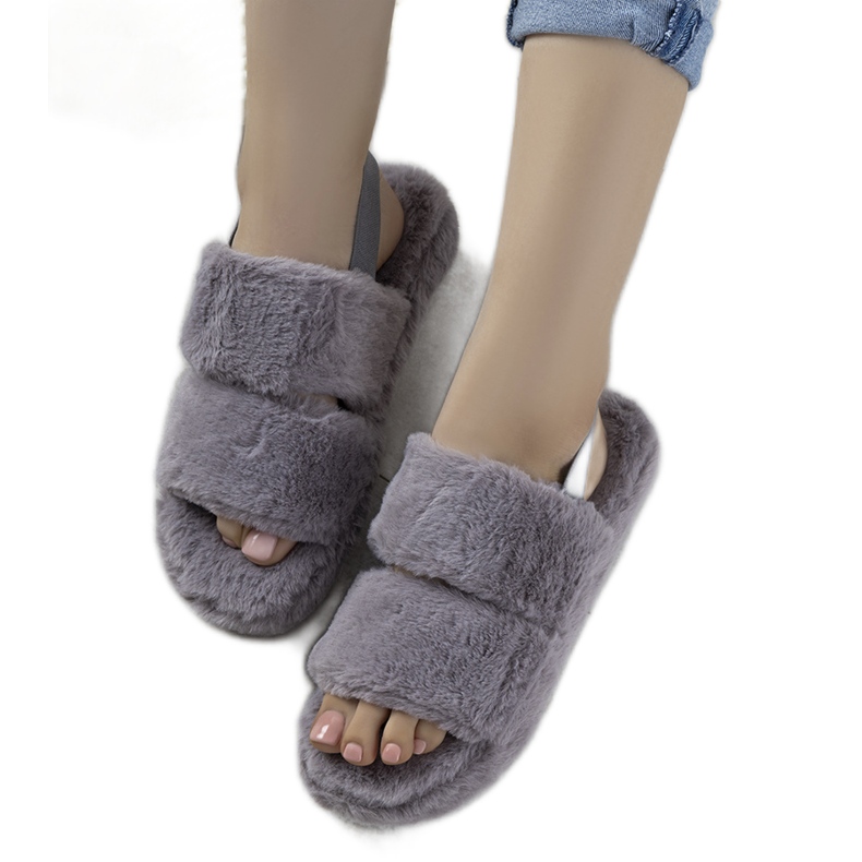 Graue Damenpantoffeln mit Gummizug und Rosales-Fell