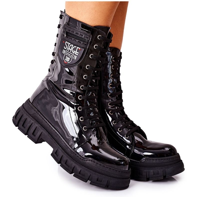 NAVY DOT Damen Stiefel Trappers Lackiert Schwarz Coriera