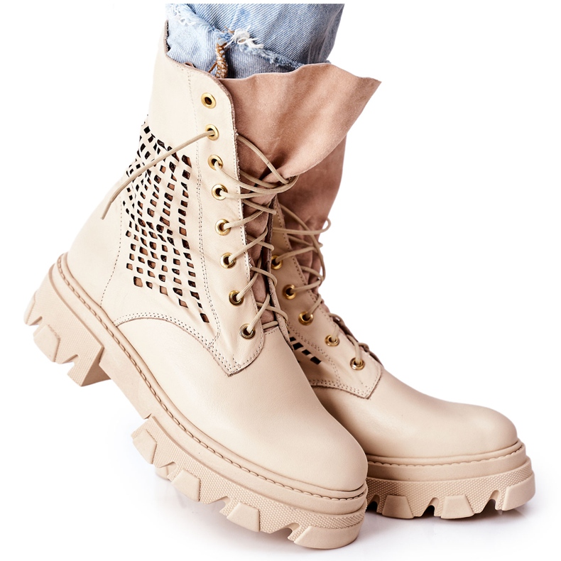 PA2 Durchbrochene Lederstiefel für Damen Beige Small Hootie