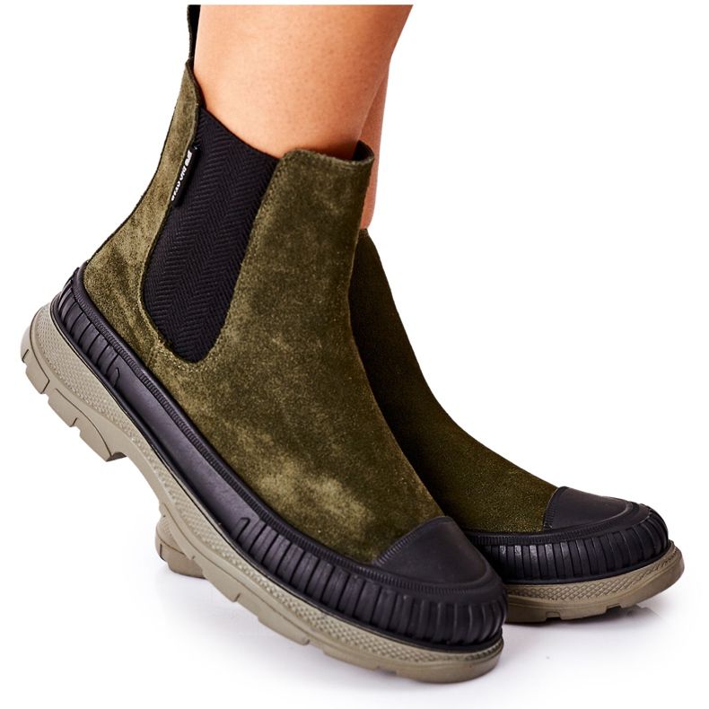 Damen Stiefeletten Chelsea Boots Leder Wildleder Big Star II274355 Khaki grün