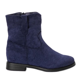 Marineblaue Stiefel auf einem überzogenen Buenna-Keilabsatz