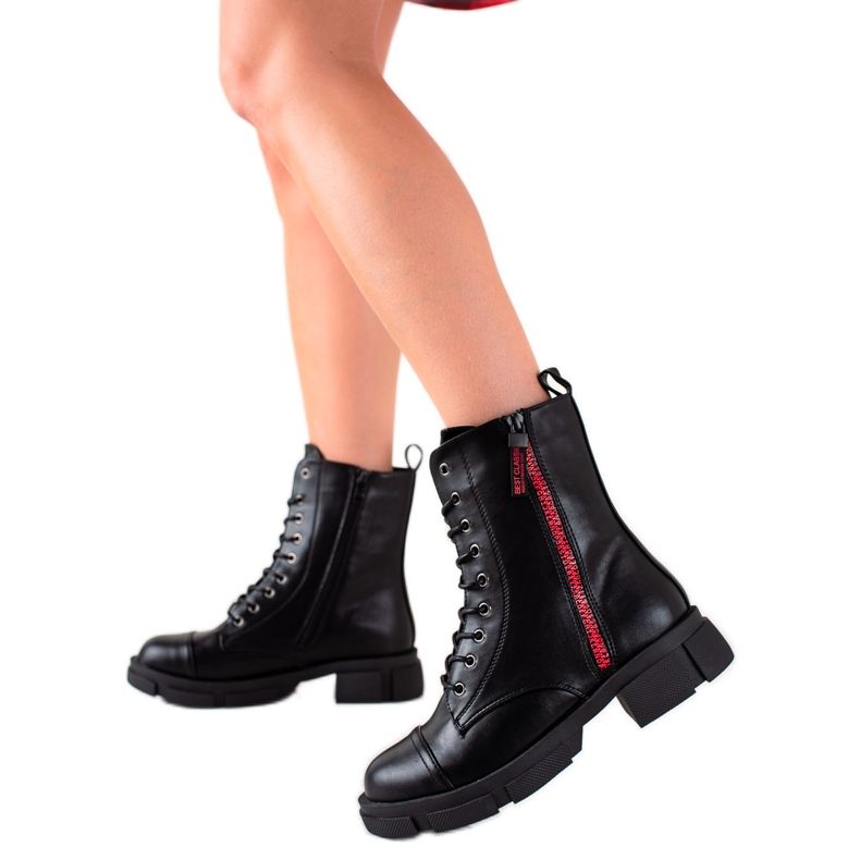 Goodin Warme Trapper mit rotem Reißverschluss schwarz