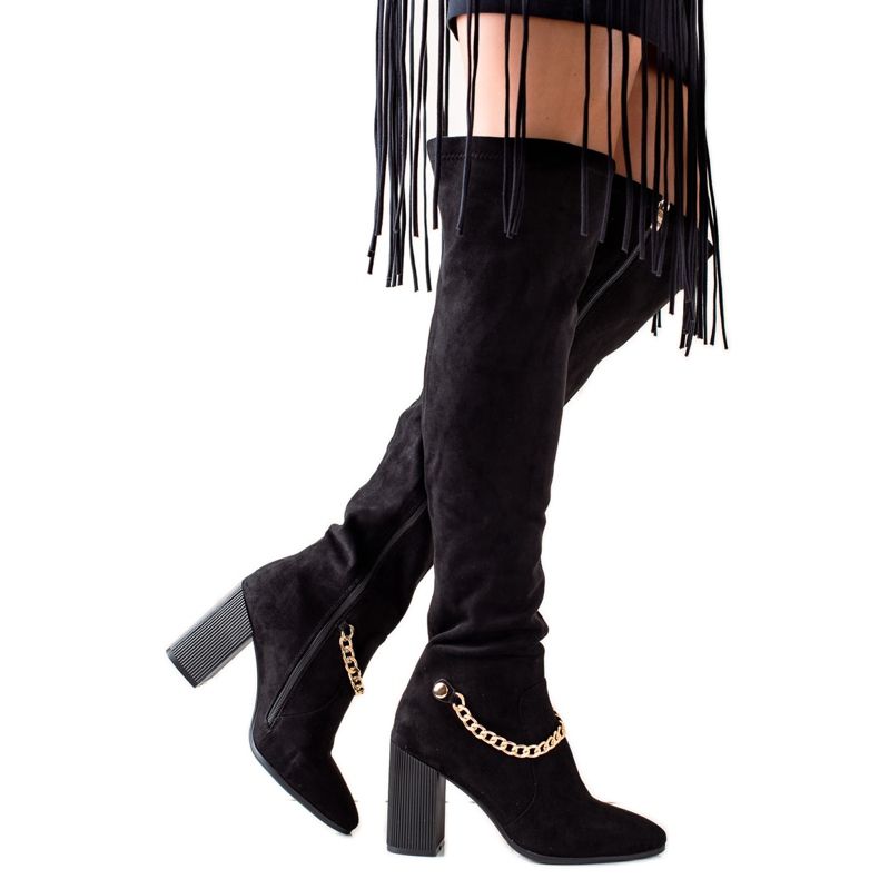 Goodin Oberschenkelhohe Stiefel aus Wildleder mit Kette schwarz