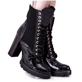 PG1 Damenstiefel mit hohem Absatz Krokodilmuster Schwarz Erdogan