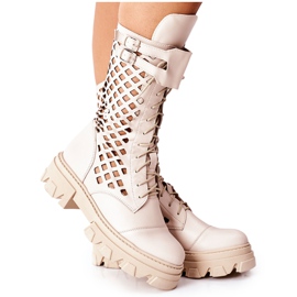 PA2 Durchbrochene Lederstiefel für Damen Trappers Beige Hootie