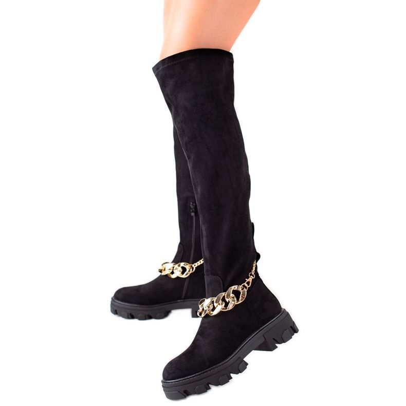 Diamantique Wildlederstiefel mit goldener Kette schwarz