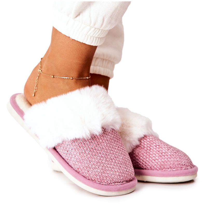 Warme rosa Hausschuhe mit Fell Flamarin beige