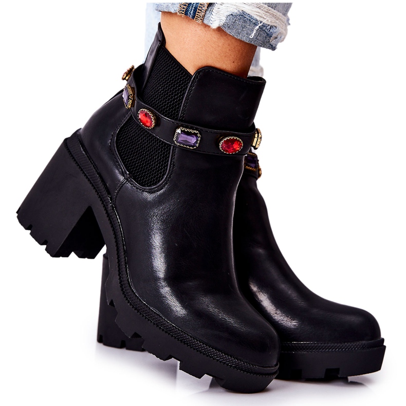 PS1 Lederstiefel für Damen auf einem Absatz mit Kristallen Black Macbeth schwarz