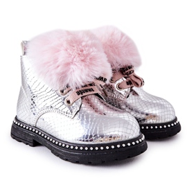 PA1 Warme Kinderstiefel mit Fell Silber Rosea rosa