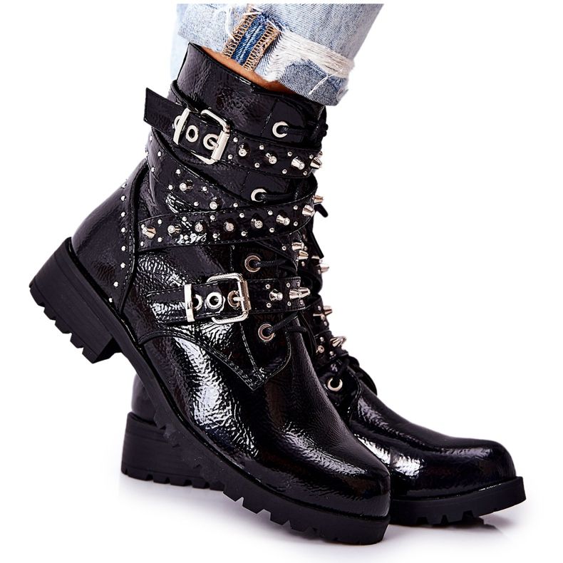 Lederstiefel mit Riemen Schwarz Kepherine