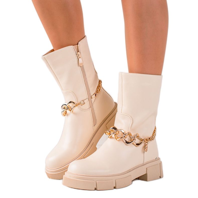 Gogo Modische Arbeiterstiefel mit Kette beige