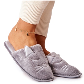 PE1 Glänzende Kätzchenhausschuhe mit grauen Kaisy-Ohren silber-