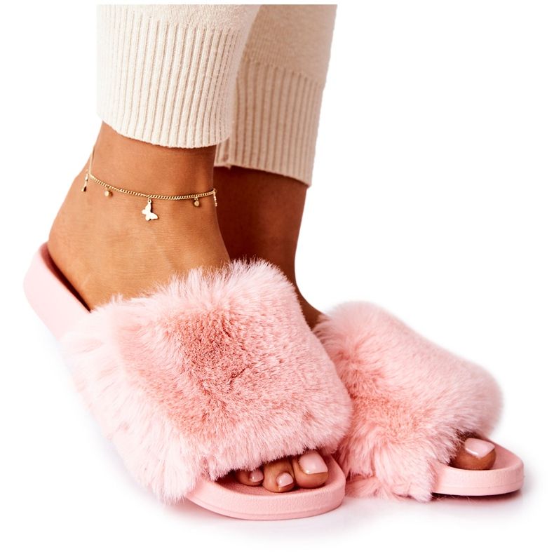 PB2 Sensible hellrosa Gummipantoffeln mit Fell