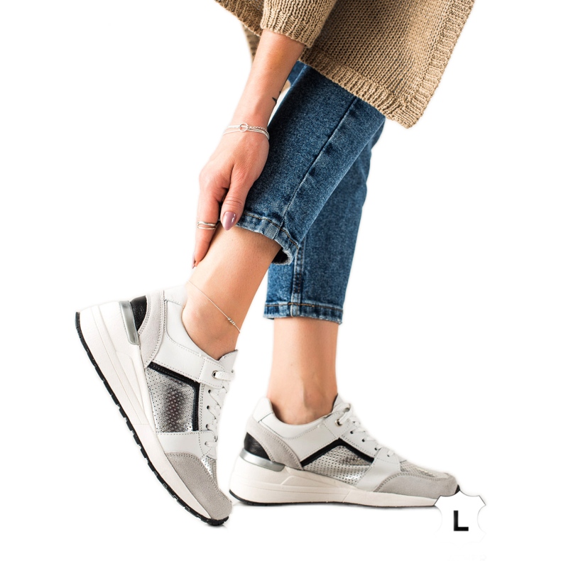 Evento Sport-Leder-Turnschuhe weiß silber-