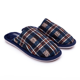 WJ1 Warme Marineblau karierte Hausschuhe für Herren Whisper beige