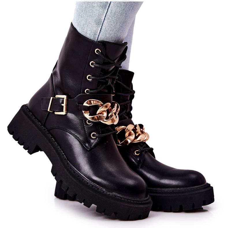 WS1 Schwarze Molisa Worker-Stiefel mit Kette golden