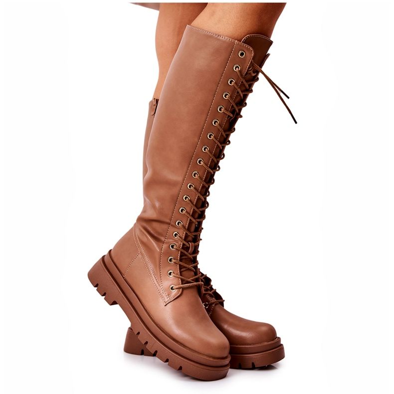 PG2 Hohe, warme geknotete Kamel-Kannies-Stiefel braun