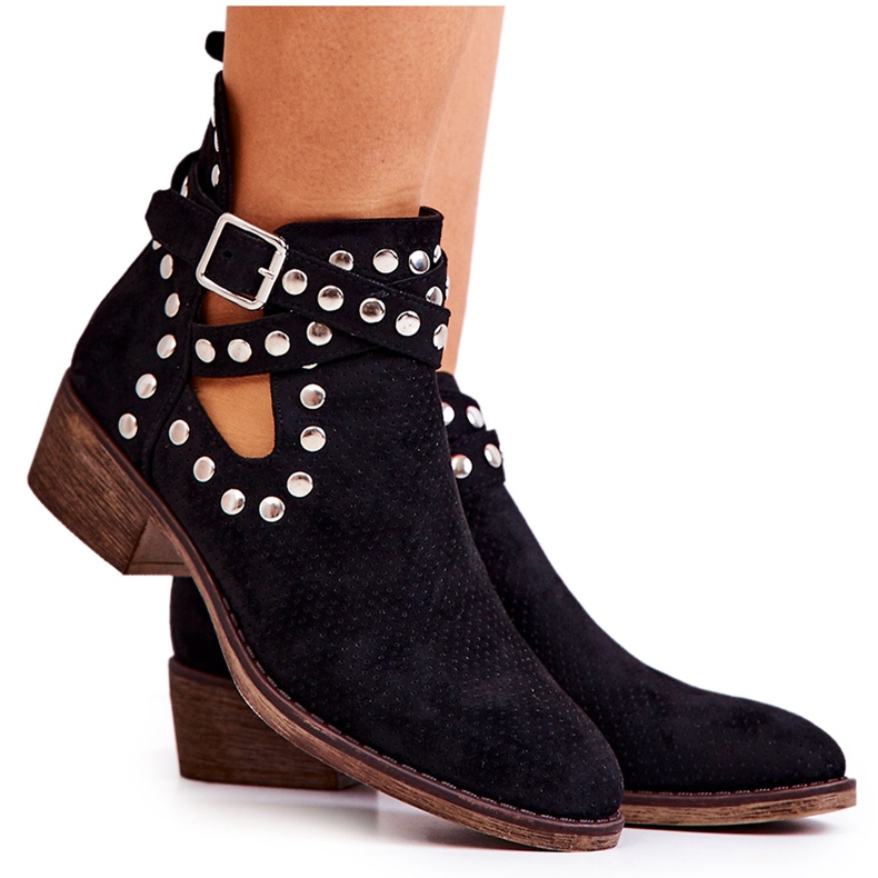 Schwarze, durchbrochene Dakota-Stiefel mit Strasssteinen