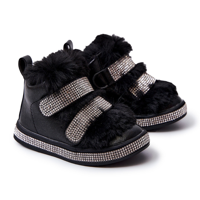 FR1 Schwarze, warme Leder-Schneestiefel von Leela für Kinder