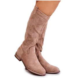 S.Barski Durchbrochene Wildlederstiefel für Damen Beige Thessie