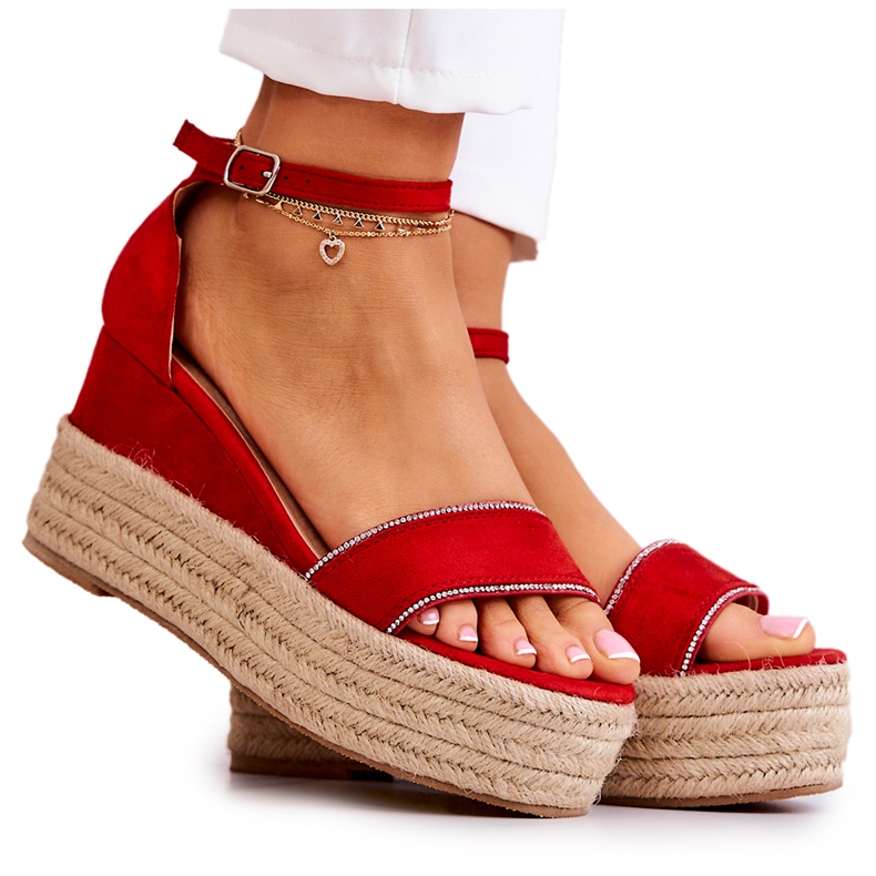 FW1 Damensandalen mit Keilabsatz und roter Linette aus Zirkonia