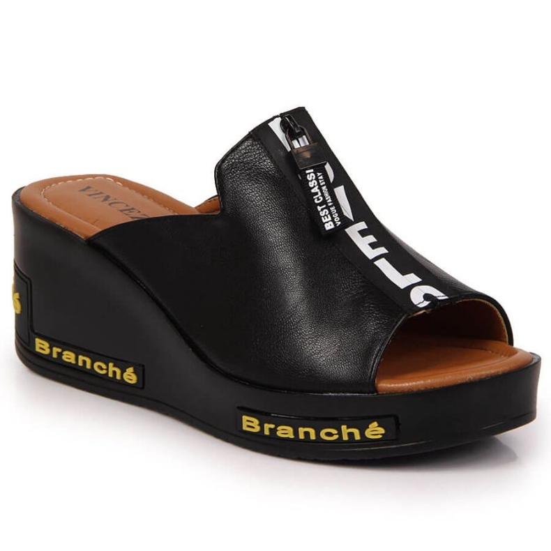 Schwarze Keilpantoffeln mit Inschriften Vinceza W JAN109