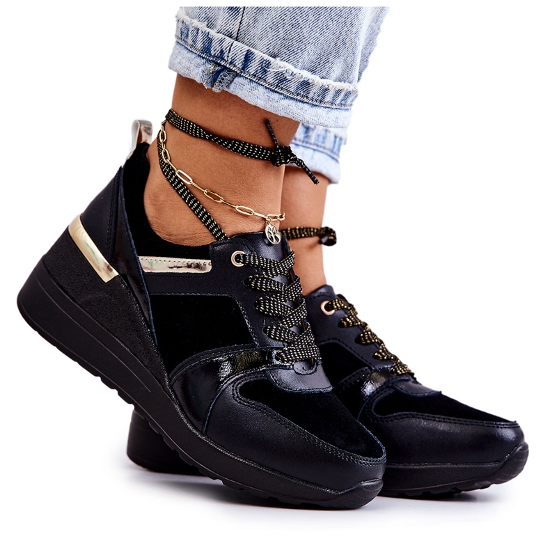 S.Barski Sportschuhe aus schwarzem Rayana-Leder auf Keilabsatz