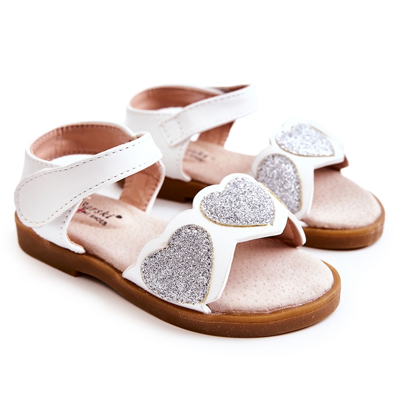 S.Barski Kinder Ledersandale Brokat Herzen Weiß Luisa