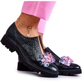 PA2 Elegante Lederschuhe mit dunkelgrüner Cindy-Dekoration