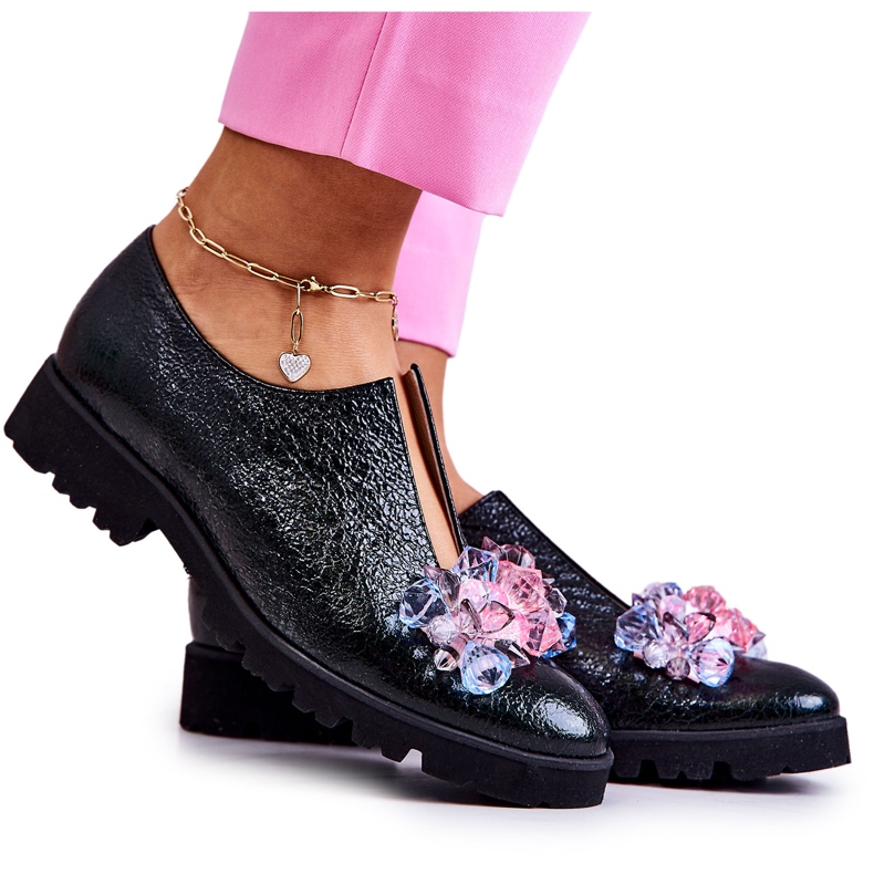 PA2 Elegante Lederschuhe mit dunkelgrüner Cindy-Dekoration