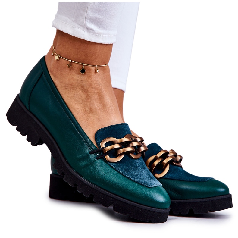 PA2 Elegante Lederslipper mit grüner Genfer Kette