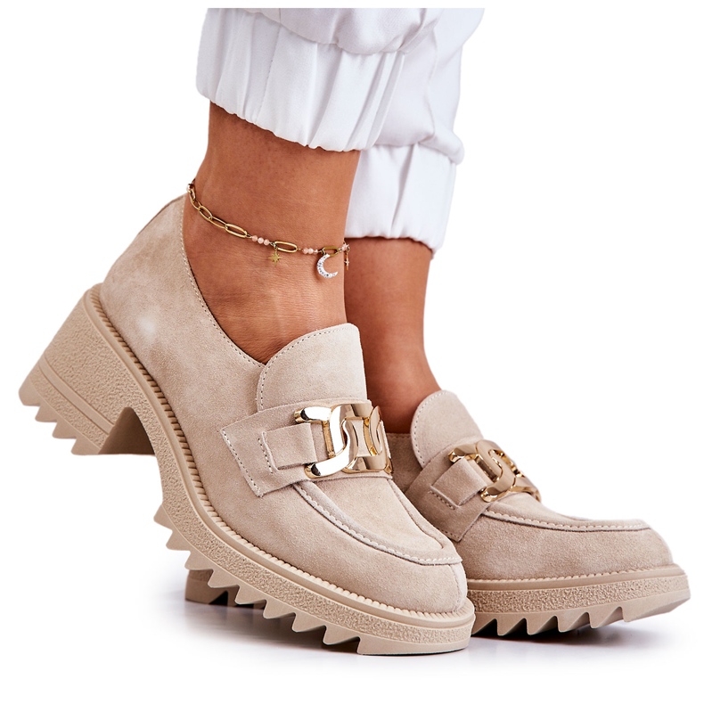 PL5 Wildlederschuhe mit goldener Verzierung Hellbeige Idealisieren