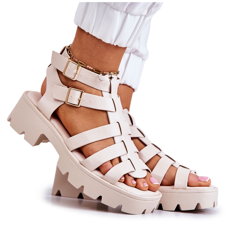 PS1 Ledersandalen mit Streifen Beige Minorite