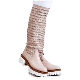 Durchbrochene Lederstiefel mit beigem Lativa-Reißverschluss