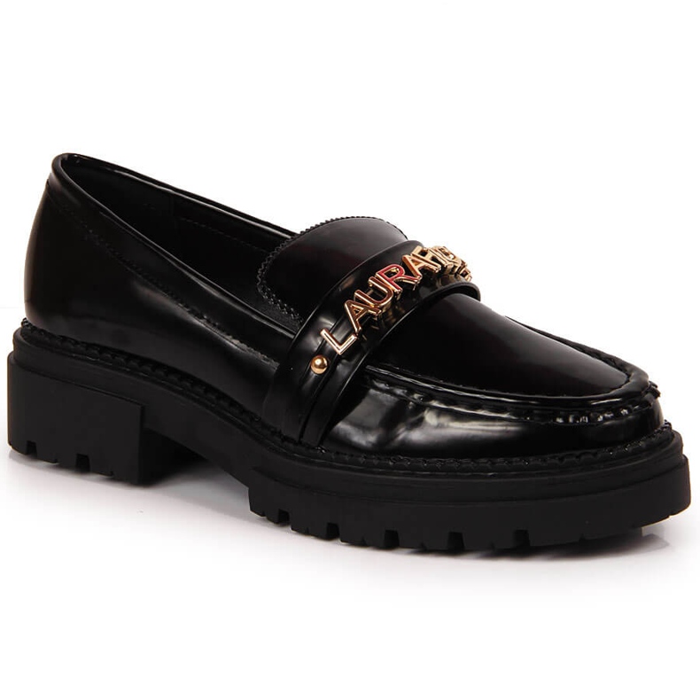 Schwarz lackierte Damenschuhe mit der Aufschrift Laura La.Fi