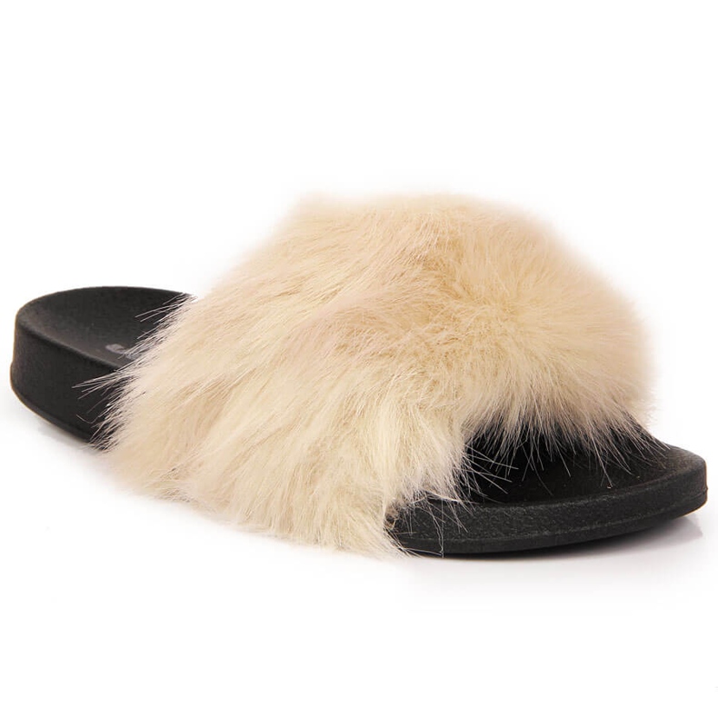 Beigefarbene Jezzi-Hausschuhe für Damen mit Fell