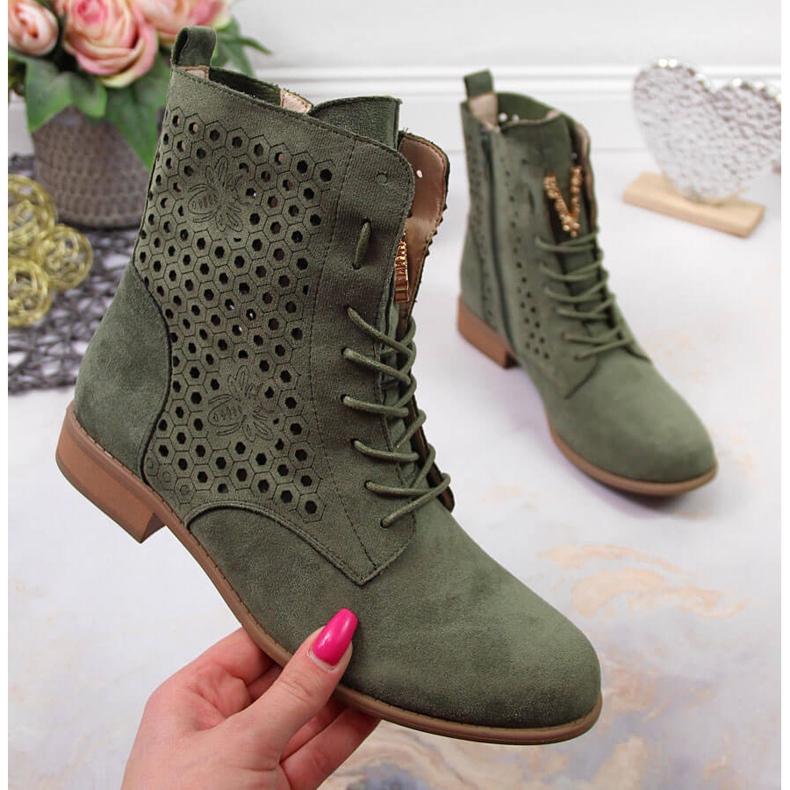 Frühlingsstiefel für Damen, durchbrochene Olive Jezzi grün