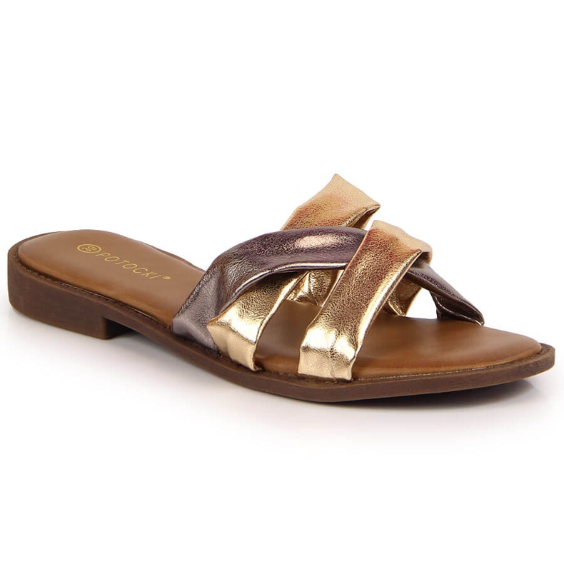 Flache goldene Potocki-Hausschuhe für Damen