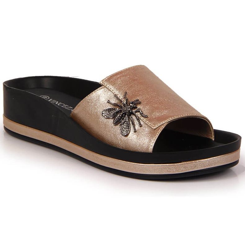 Damenschuhe mit Keilabsatz in Gold mit einer Vinceza-Fliege golden