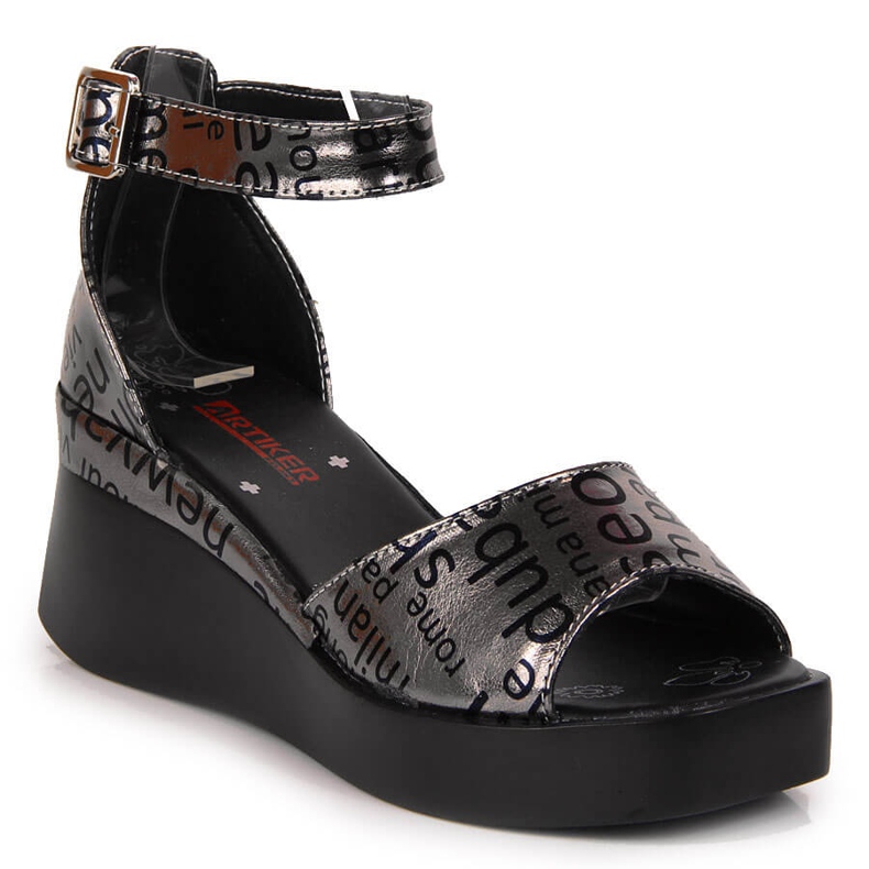 Damen-Ledersandale mit metallischem Artiker-Keilabsatz silber- grau