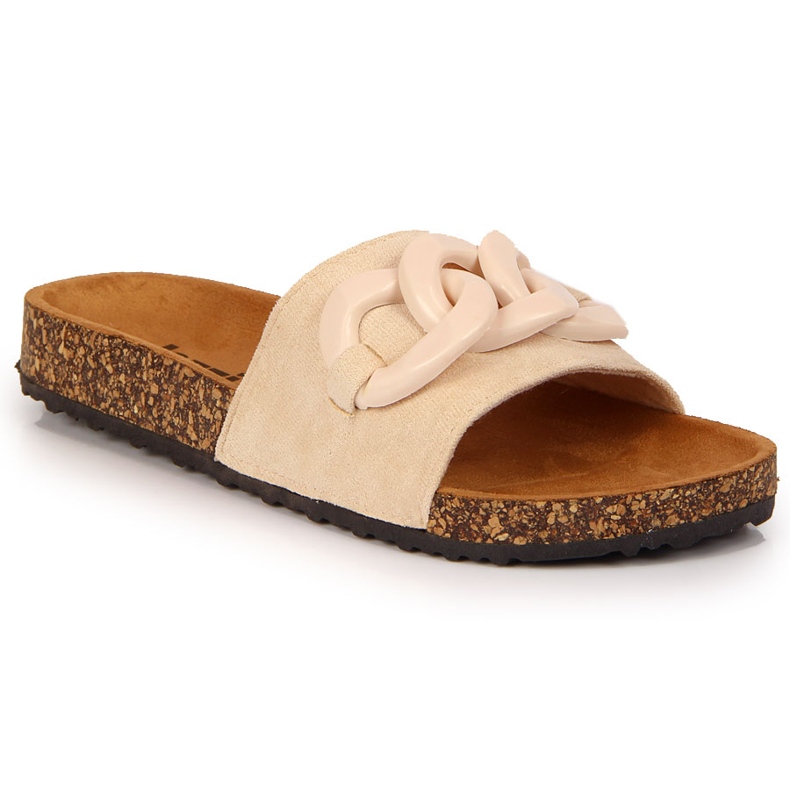 Beigefarbene Jezzi-Hausschuhe für Damen mit Kette